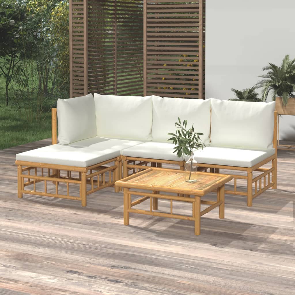 9-Tlg. Garten-Lounge-Set Mit Weißen Kissen Bambus
