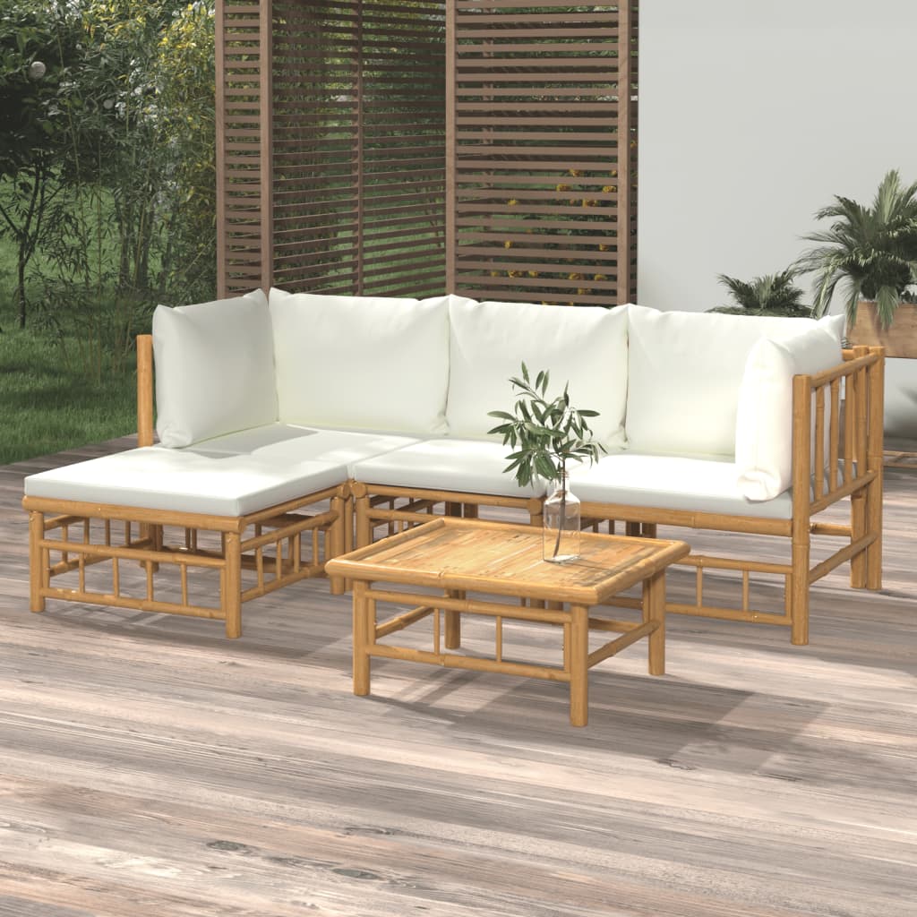 9-Tlg. Garten-Lounge-Set Mit Weißen Kissen Bambus