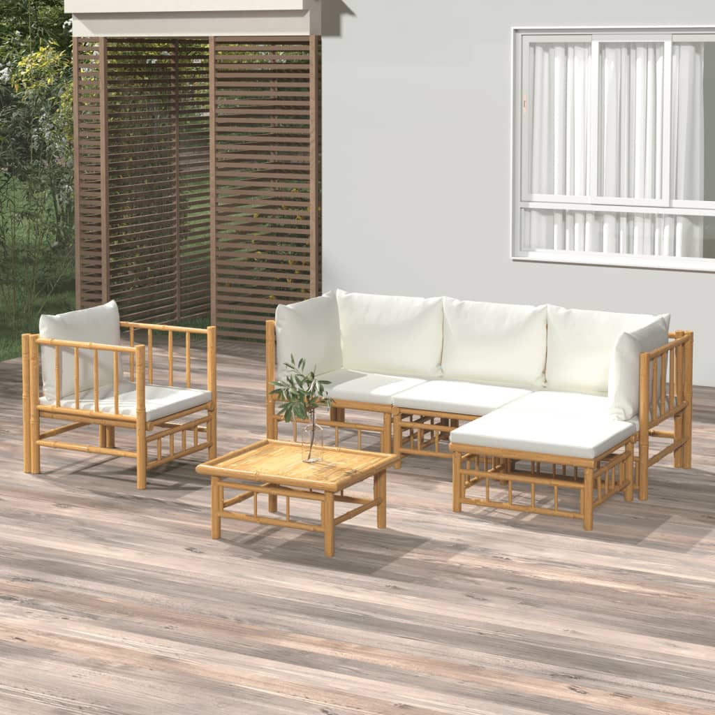 9-Tlg. Garten-Lounge-Set Mit Weißen Kissen Bambus