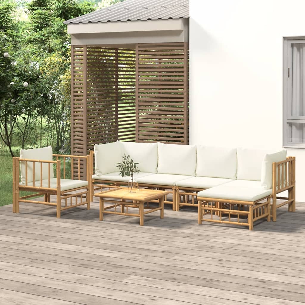 9-Tlg. Garten-Lounge-Set Mit Weißen Kissen Bambus