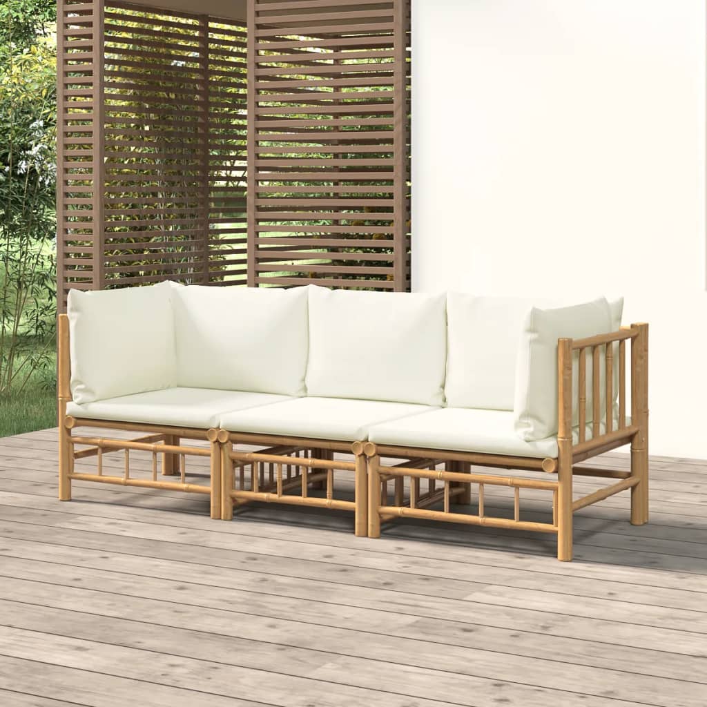 9-Tlg. Garten-Lounge-Set Mit Weißen Kissen Bambus