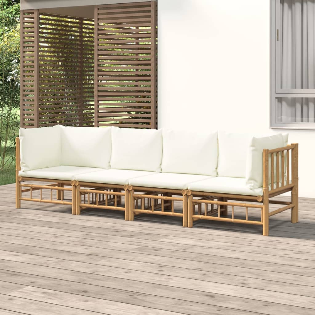 9-Tlg. Garten-Lounge-Set Mit Weißen Kissen Bambus