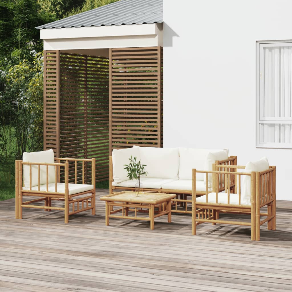 9-Tlg. Garten-Lounge-Set Mit Weißen Kissen Bambus