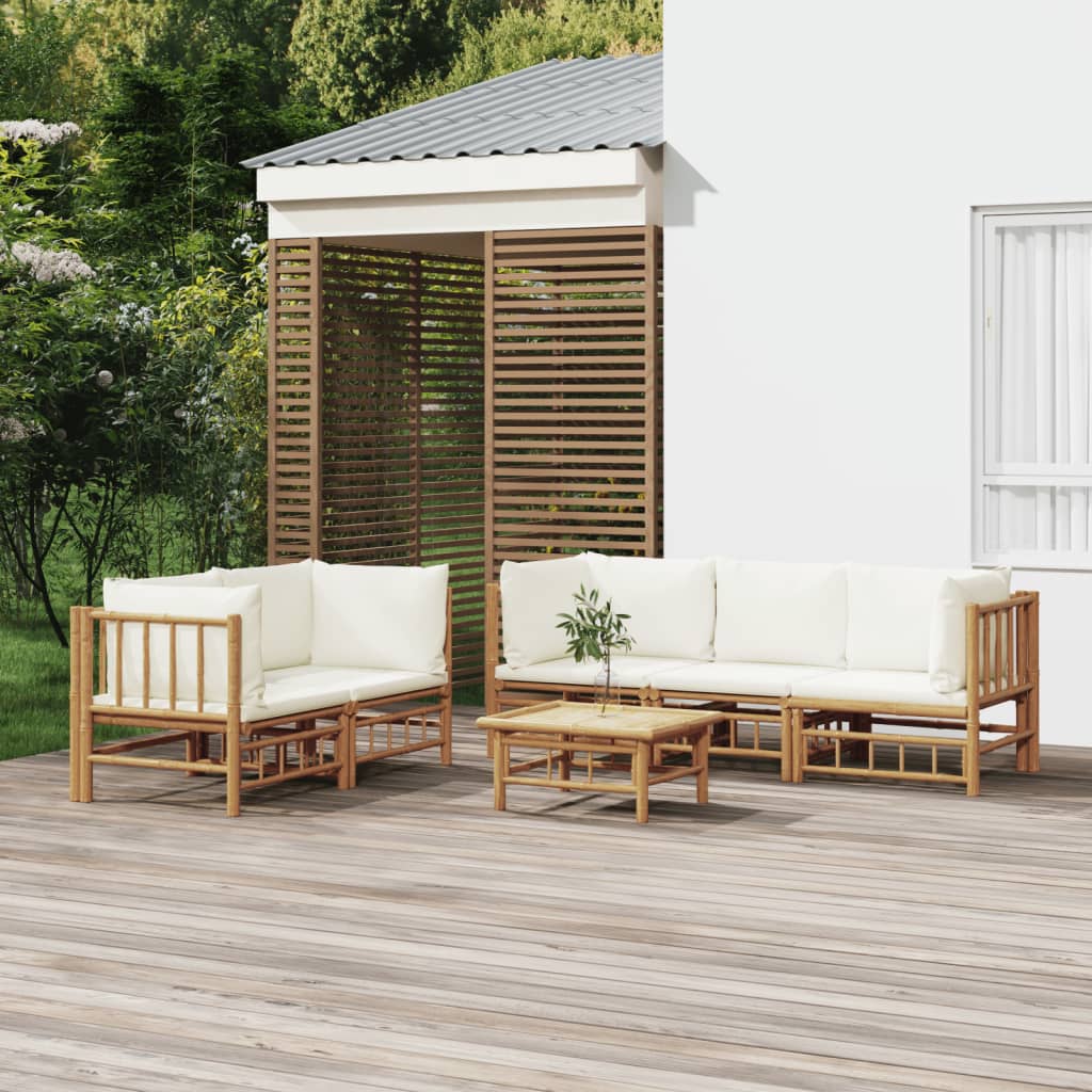 9-Tlg. Garten-Lounge-Set Mit Weißen Kissen Bambus