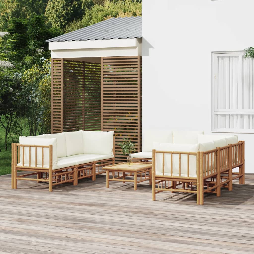 9-Tlg. Garten-Lounge-Set Mit Weißen Kissen Bambus