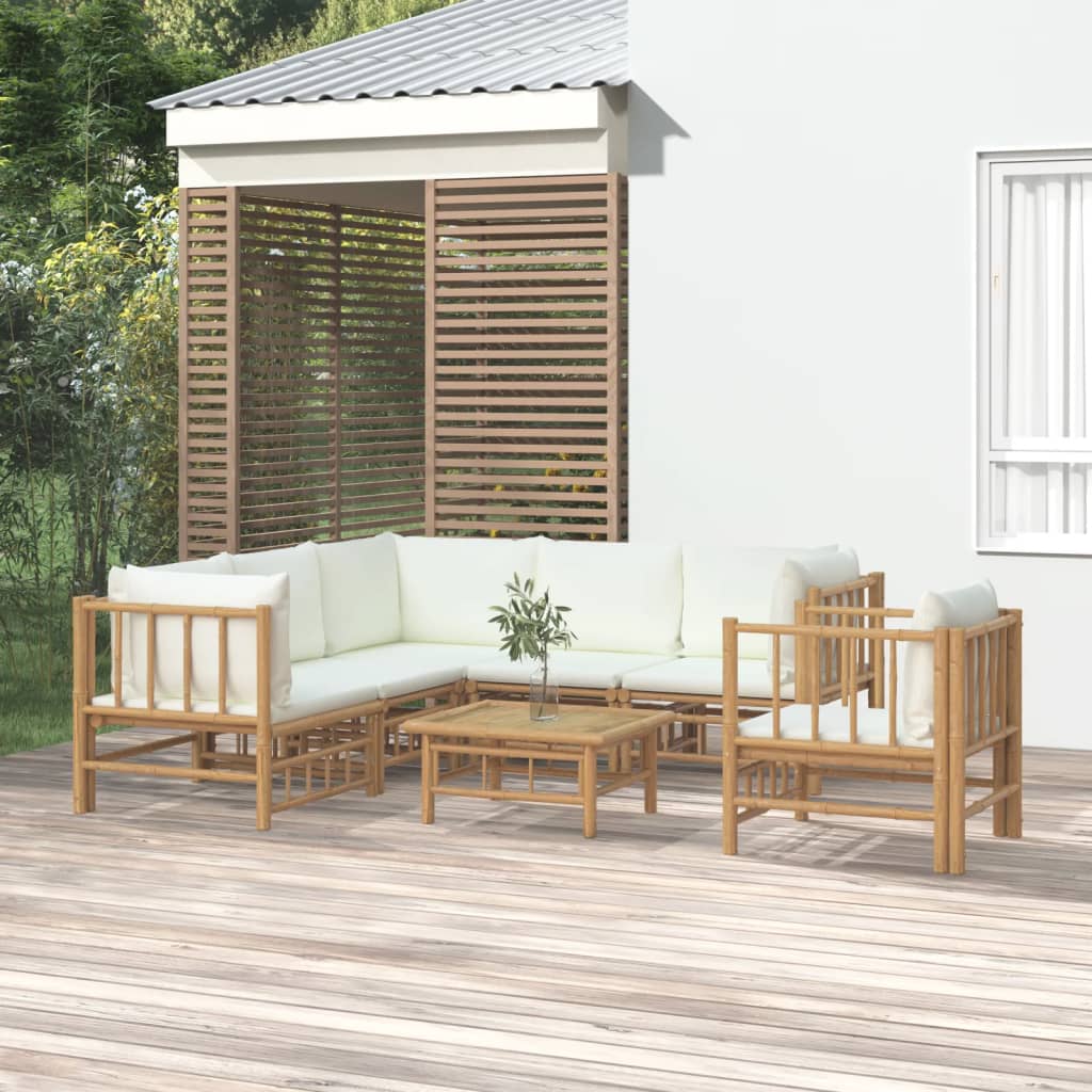 9-Tlg. Garten-Lounge-Set Mit Weißen Kissen Bambus