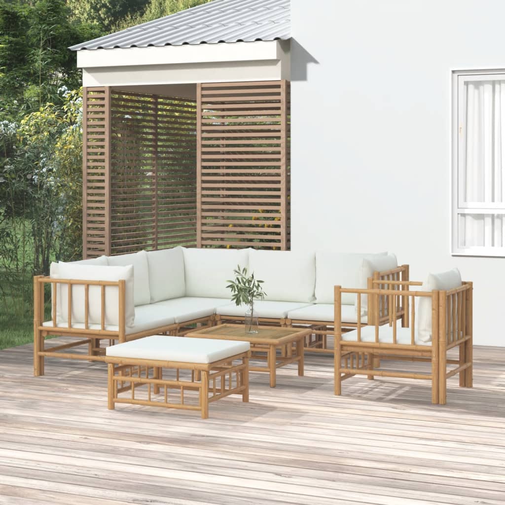 9-Tlg. Garten-Lounge-Set Mit Weißen Kissen Bambus