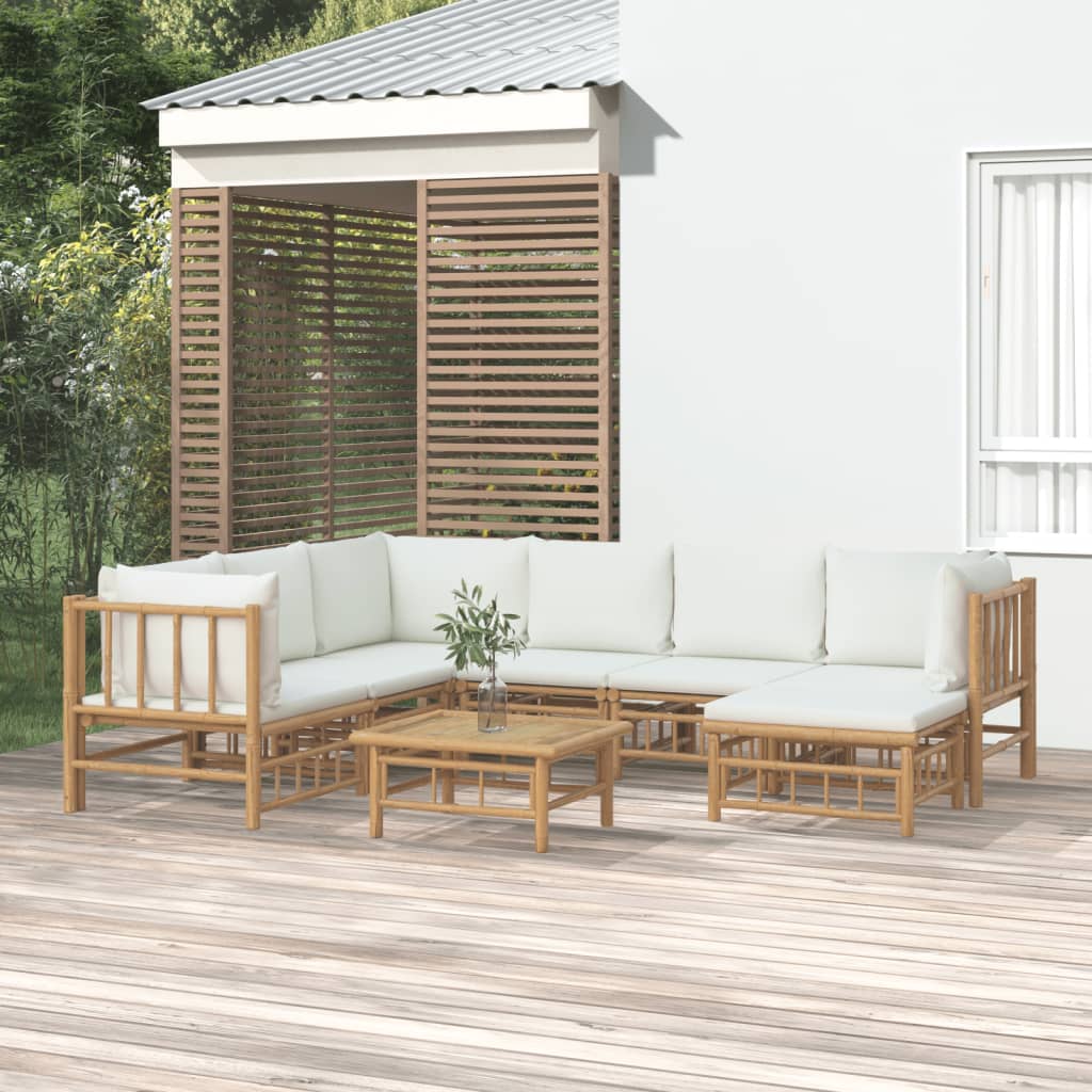 9-Tlg. Garten-Lounge-Set Mit Weißen Kissen Bambus