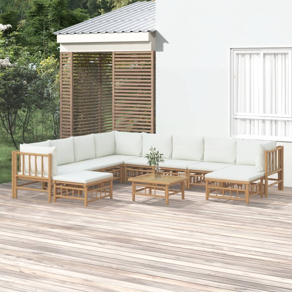 9-Tlg. Garten-Lounge-Set Mit Weißen Kissen Bambus