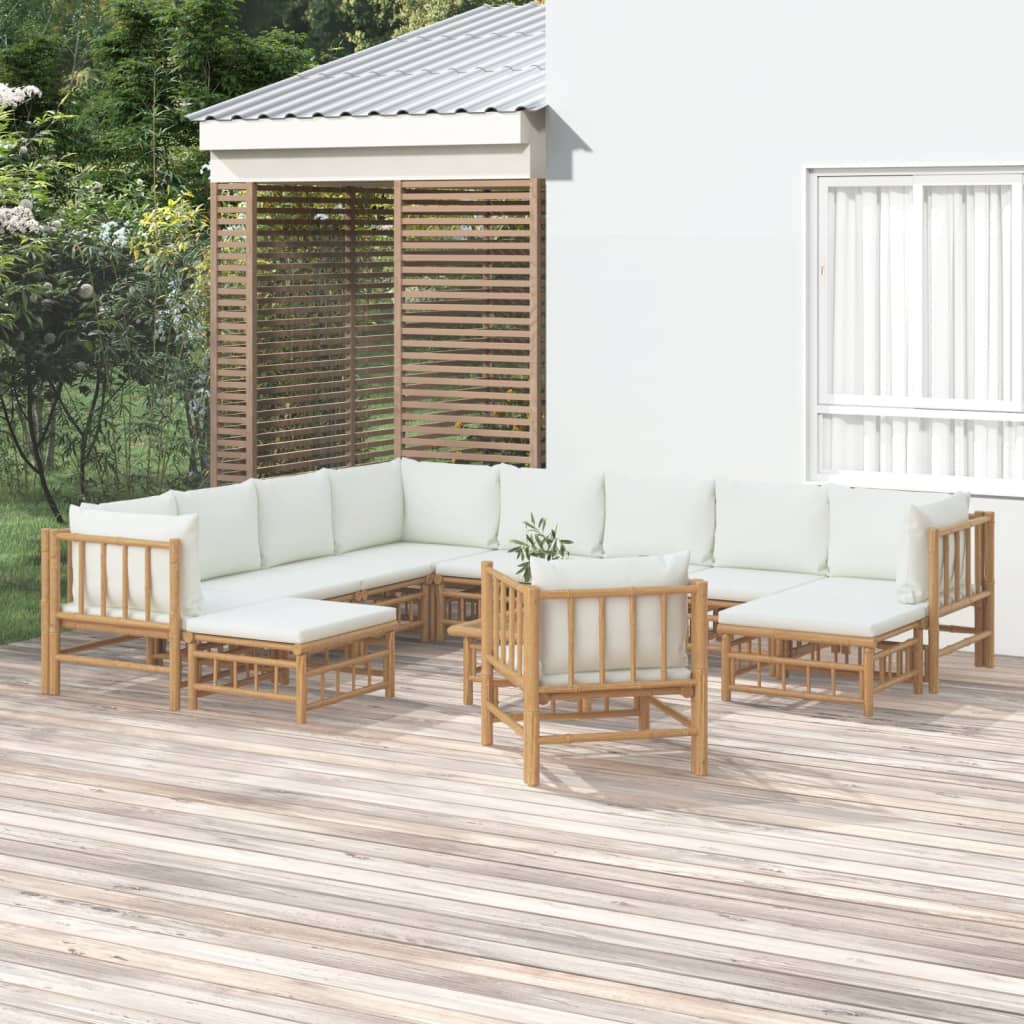 9-Tlg. Garten-Lounge-Set Mit Weißen Kissen Bambus