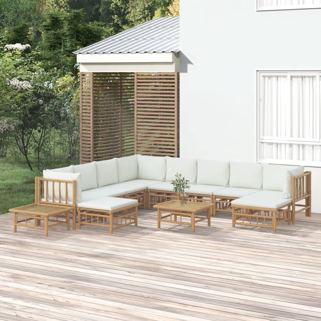 9-Tlg. Garten-Lounge-Set Mit Weißen Kissen Bambus