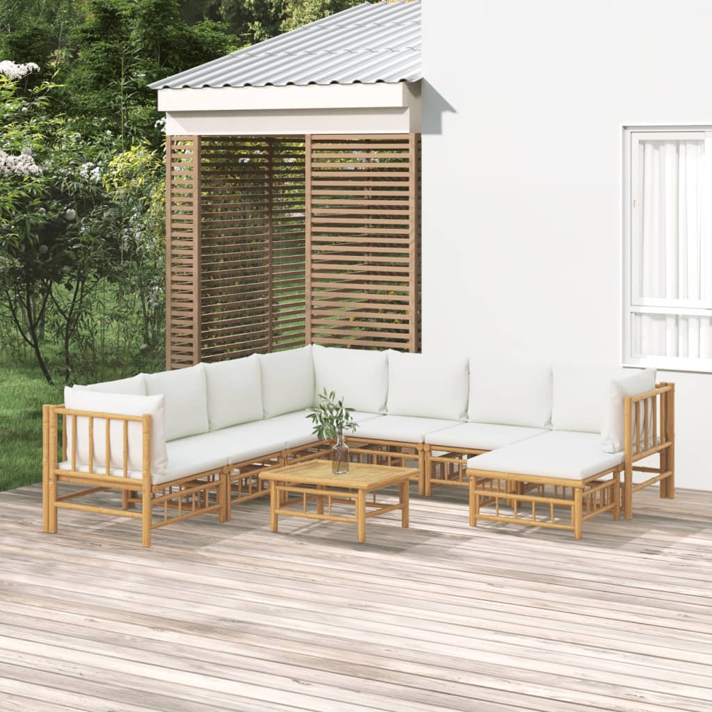 9-Tlg. Garten-Lounge-Set Mit Weißen Kissen Bambus