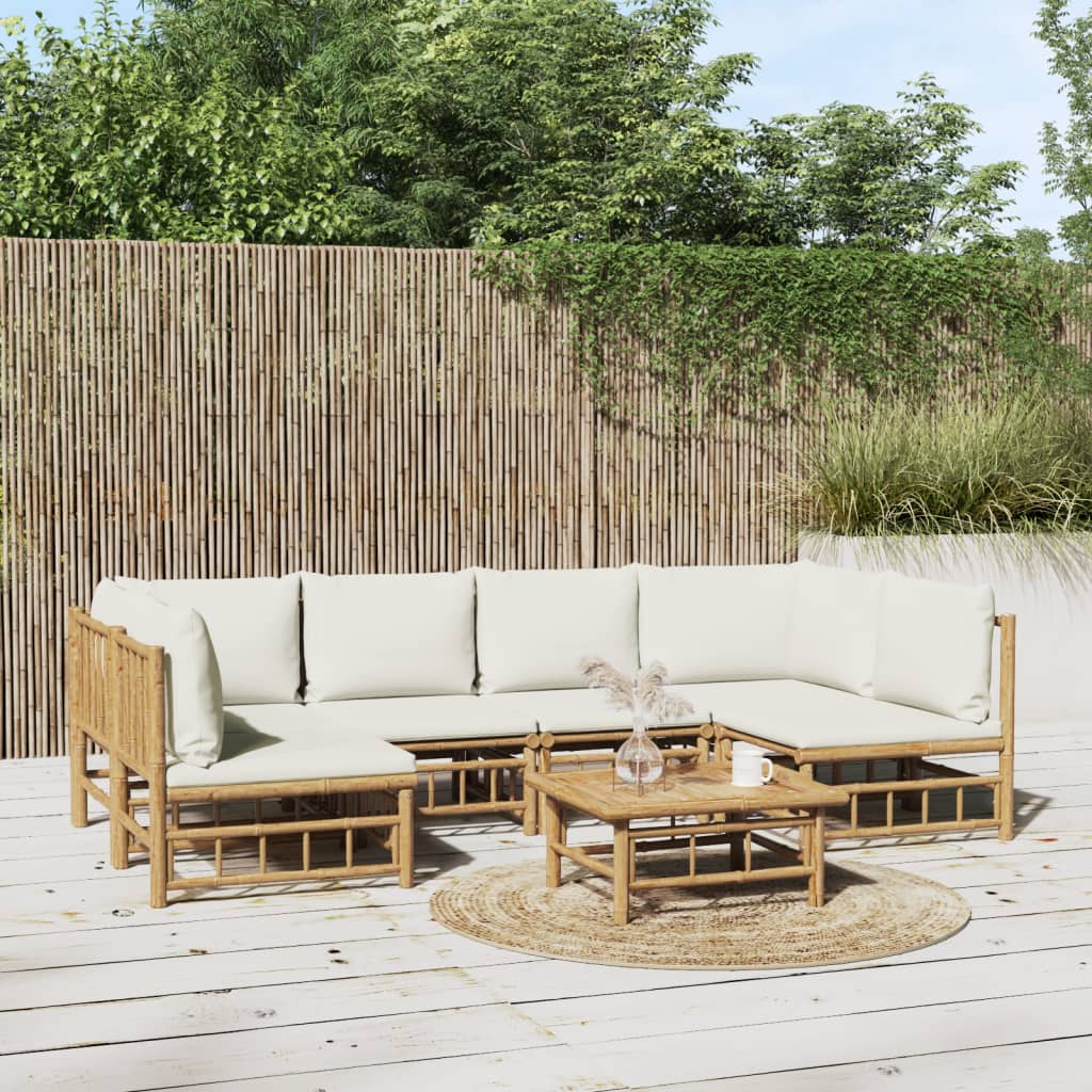 9-Tlg. Garten-Lounge-Set Mit Weißen Kissen Bambus
