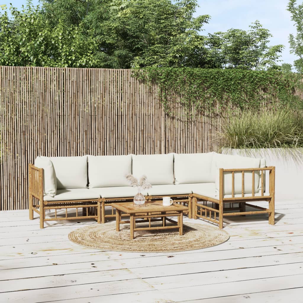 9-Tlg. Garten-Lounge-Set Mit Weißen Kissen Bambus