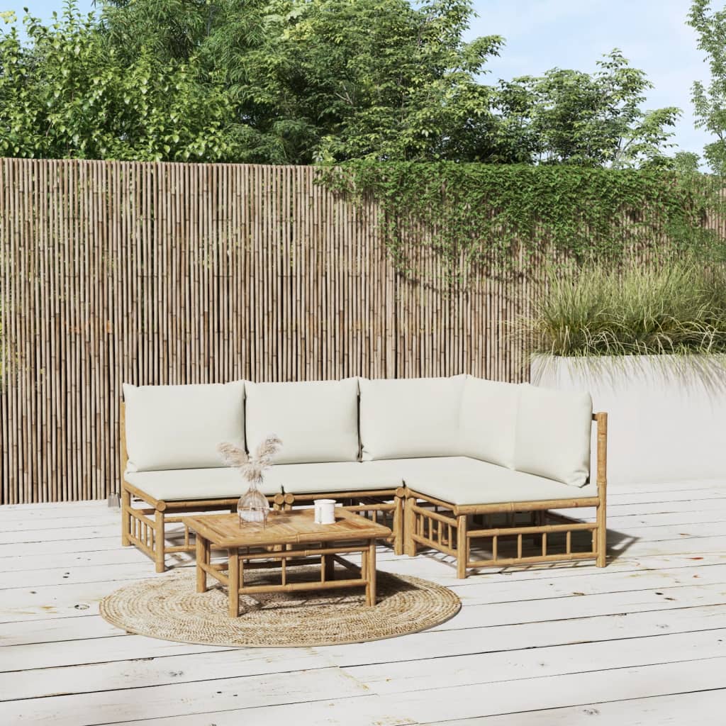9-Tlg. Garten-Lounge-Set Mit Weißen Kissen Bambus