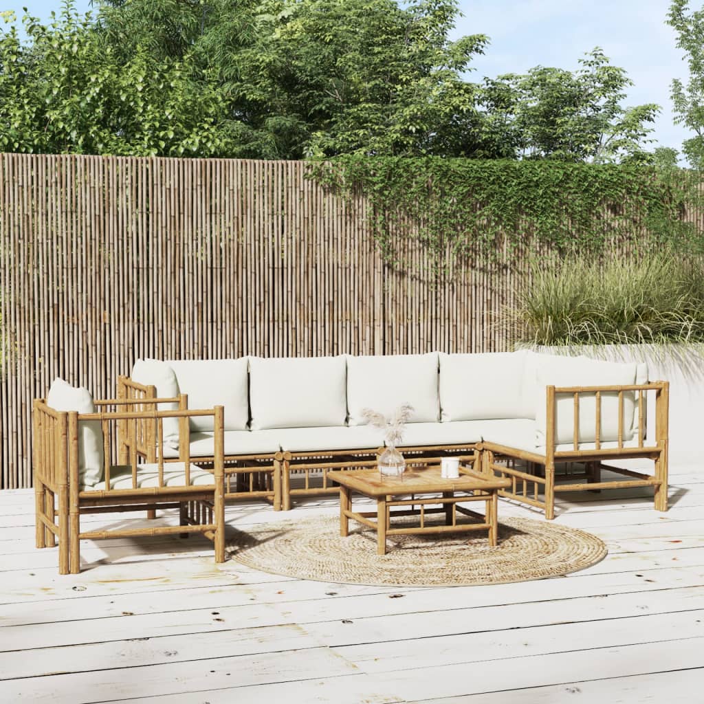 9-Tlg. Garten-Lounge-Set Mit Weißen Kissen Bambus
