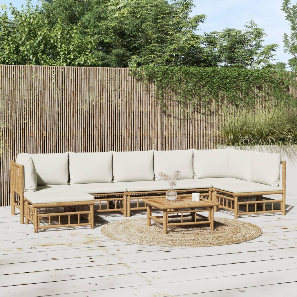 9-Tlg. Garten-Lounge-Set Mit Weißen Kissen Bambus