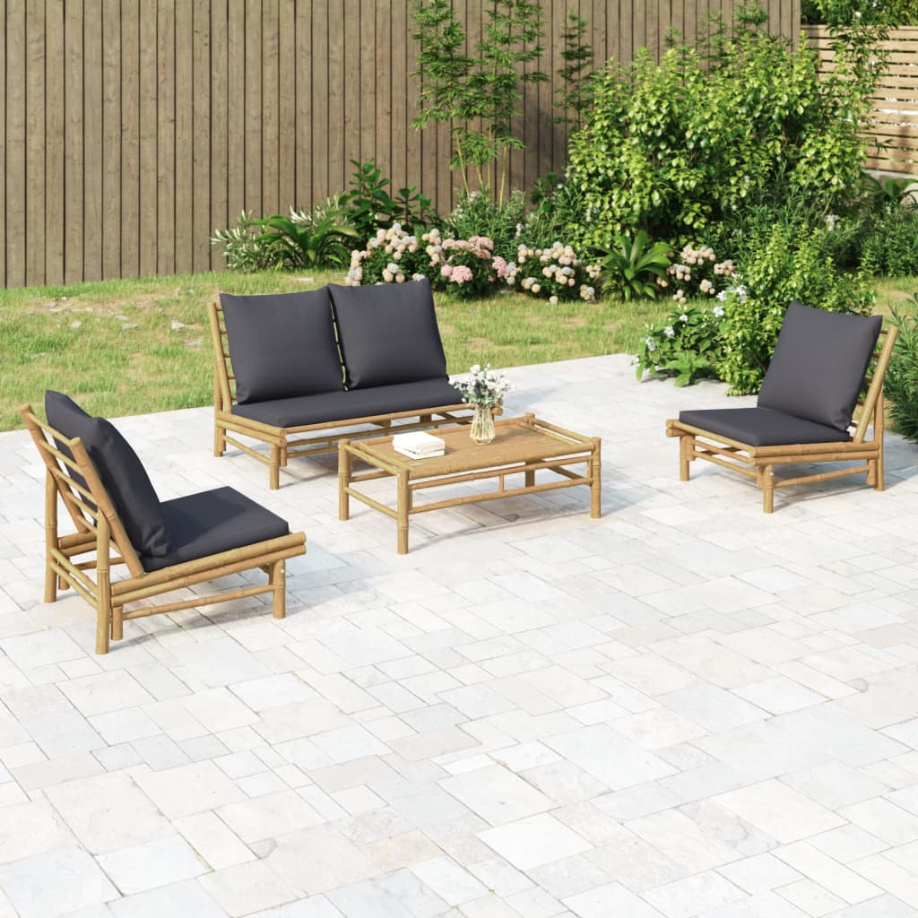 5-Tlg. Garten-Lounge-Set Mit Weißen Kissen Bambus