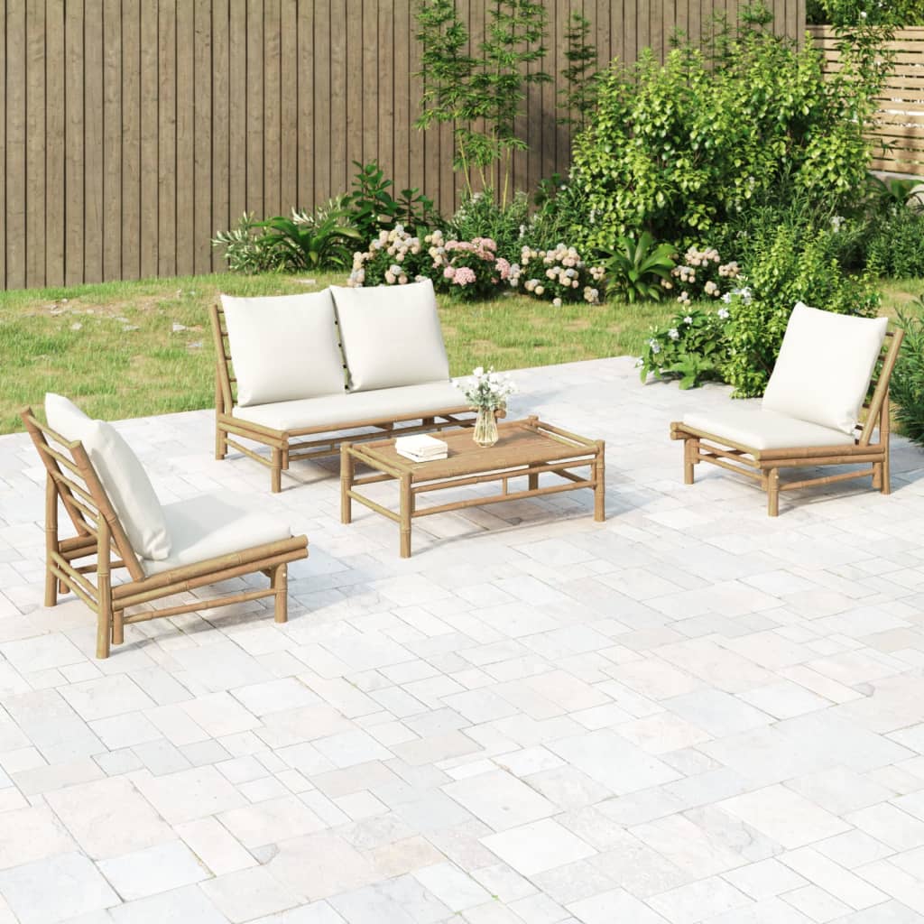 5-Tlg. Garten-Lounge-Set Mit Weißen Kissen Bambus