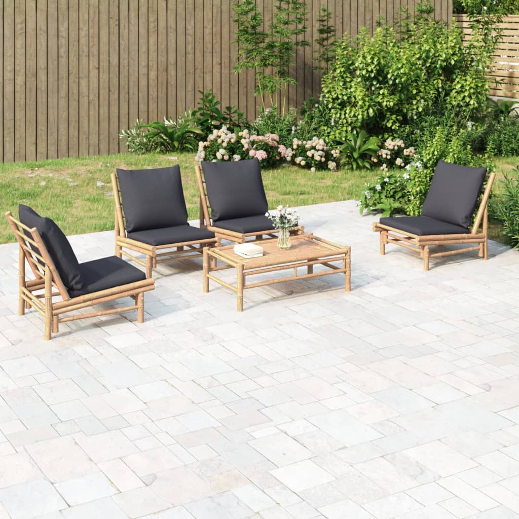 5-Tlg. Garten-Lounge-Set Mit Weißen Kissen Bambus