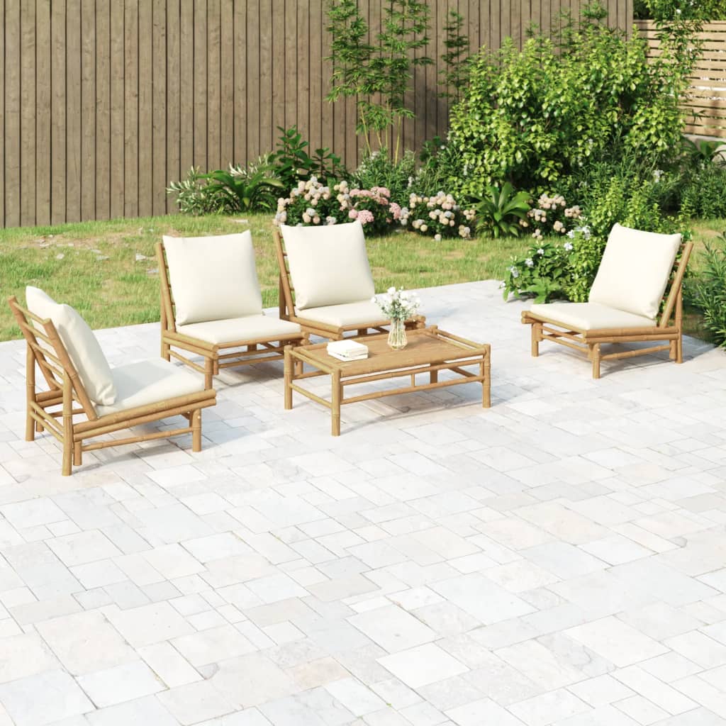 5-Tlg. Garten-Lounge-Set Mit Weißen Kissen Bambus