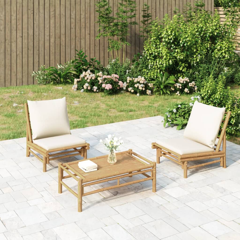 5-Tlg. Garten-Lounge-Set Mit Weißen Kissen Bambus