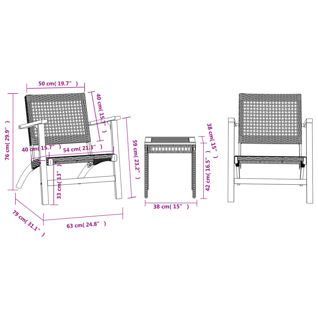 3-Tlg. Bistro-Set Poly Rattan Und Massivholz Akazie