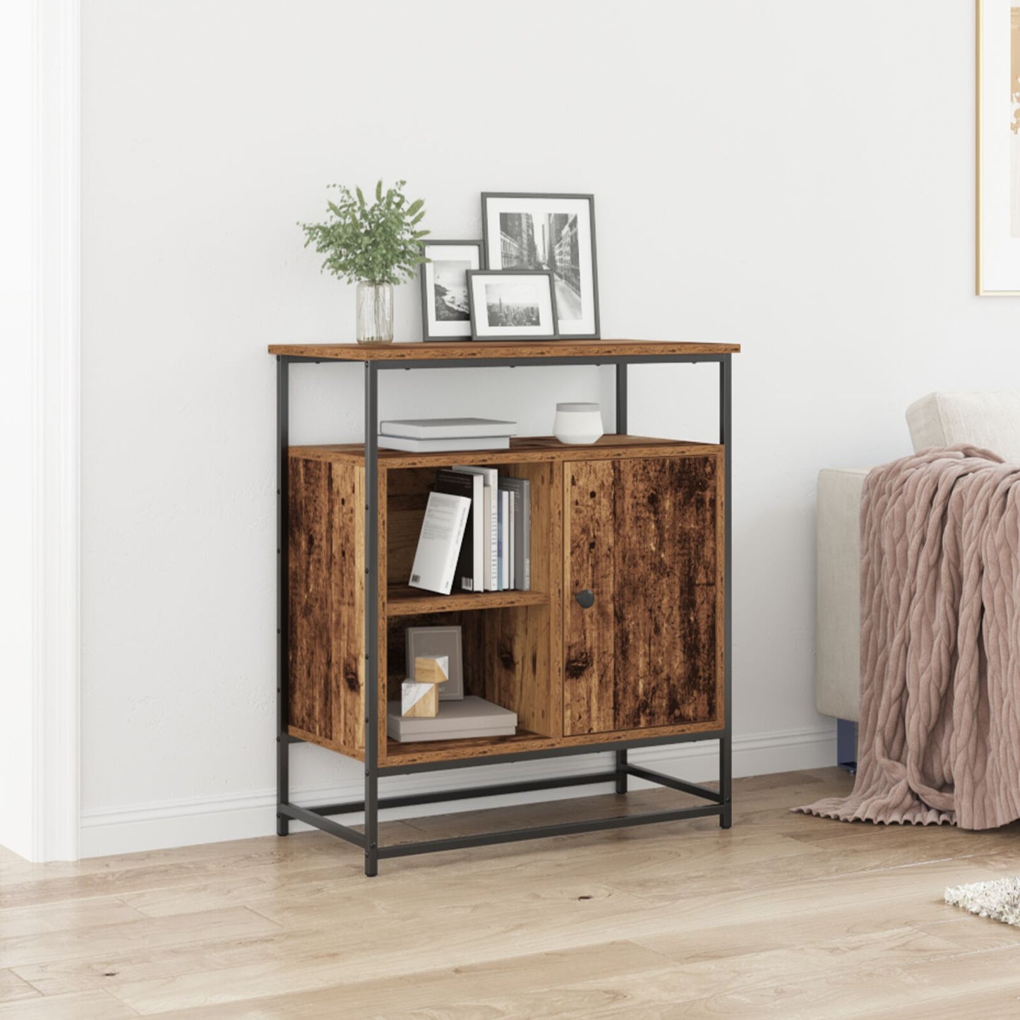 Sideboard Schwarz Eiche 69X35X80 Cm Schichtholz Und Stahl