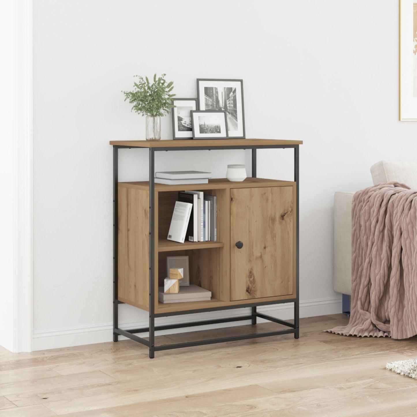 Sideboard Schwarz Eiche 69X35X80 Cm Schichtholz Und Stahl