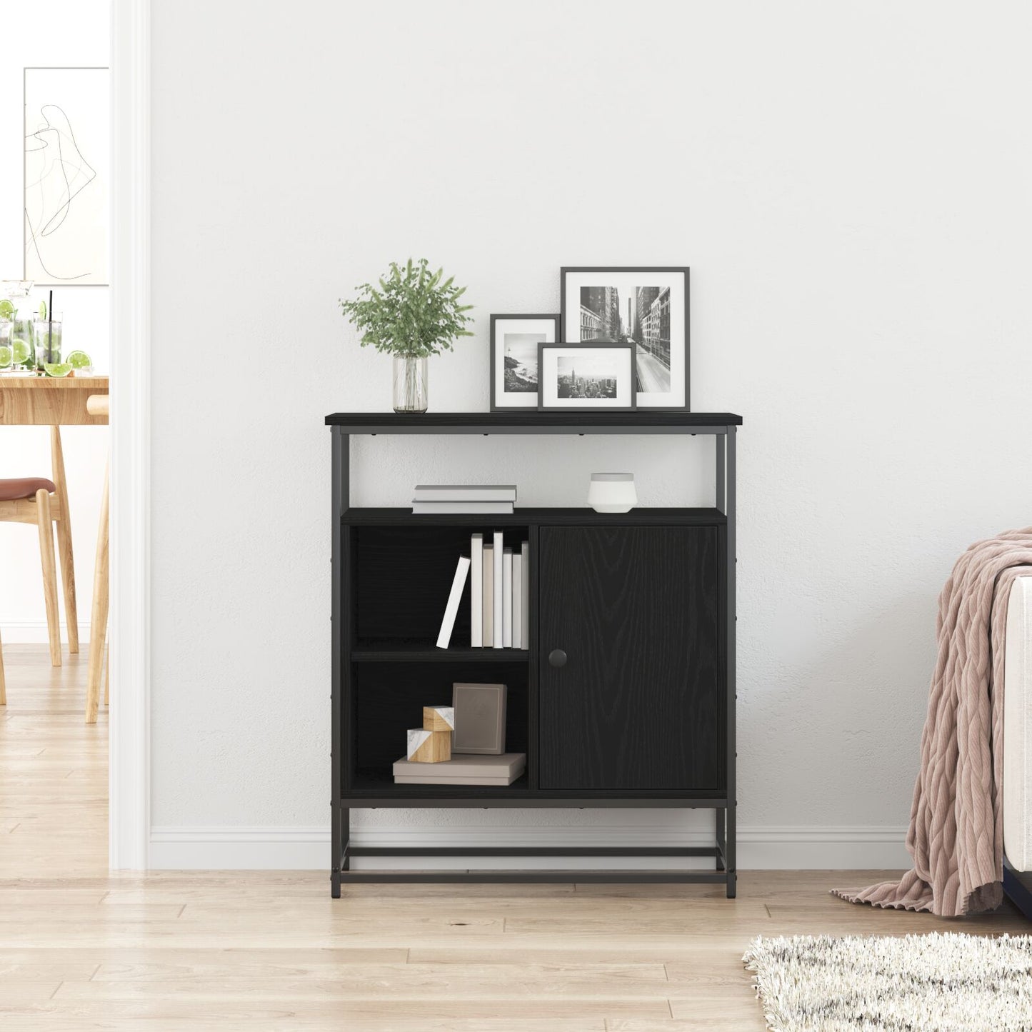 Sideboard Schwarz Eiche 69X35X80 Cm Schichtholz Und Stahl