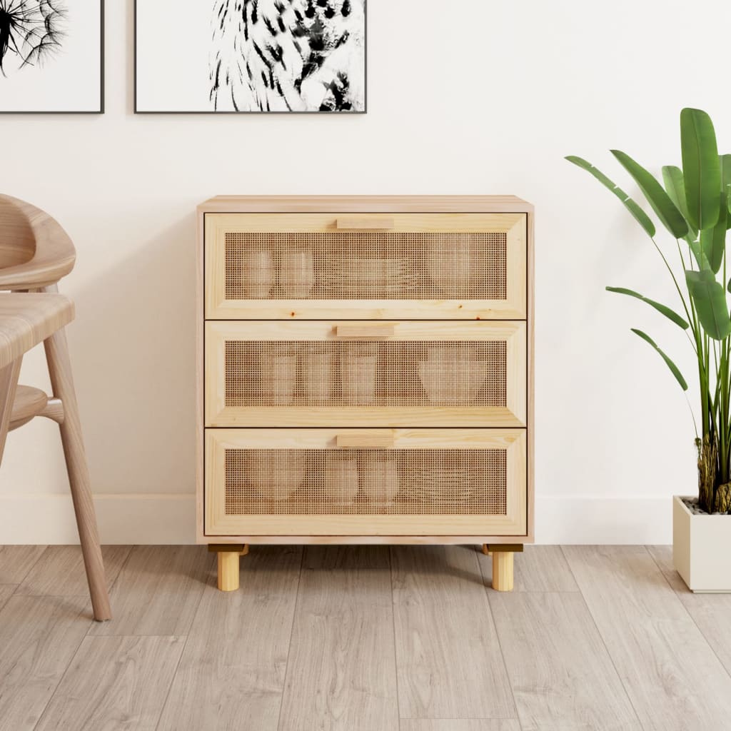 Sideboard 60X30X70 Cm Massivholz Kiefer Und Natur-Rattan