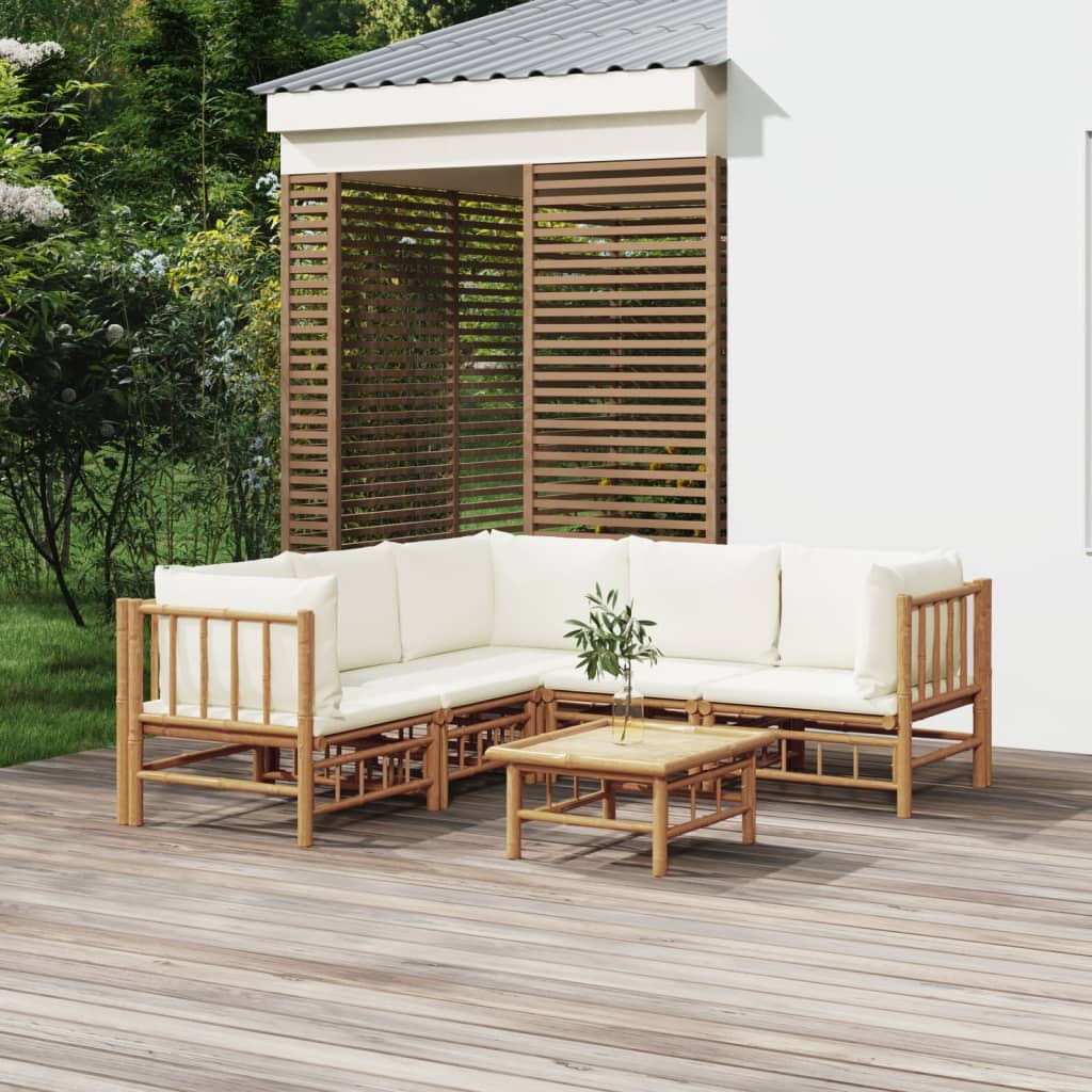 9-Tlg. Garten-Lounge-Set Mit Weißen Kissen Bambus