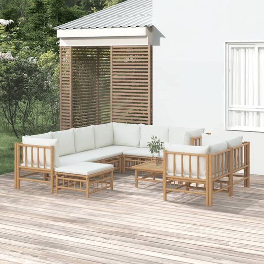 9-Tlg. Garten-Lounge-Set Mit Weißen Kissen Bambus