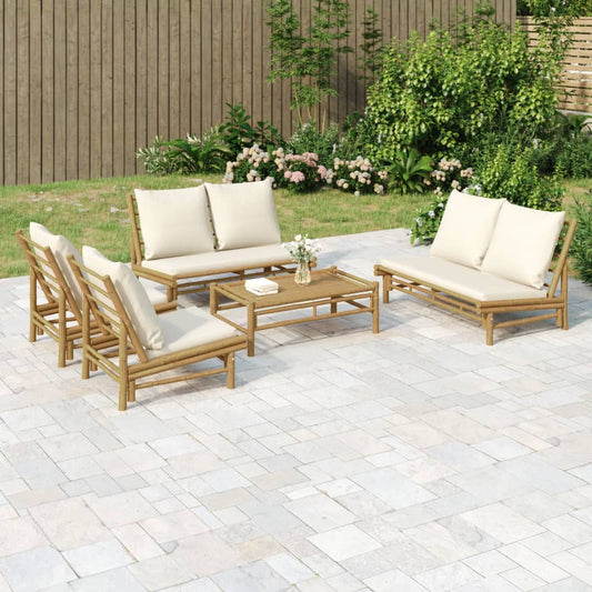 5-Tlg. Garten-Lounge-Set Mit Weißen Kissen Bambus