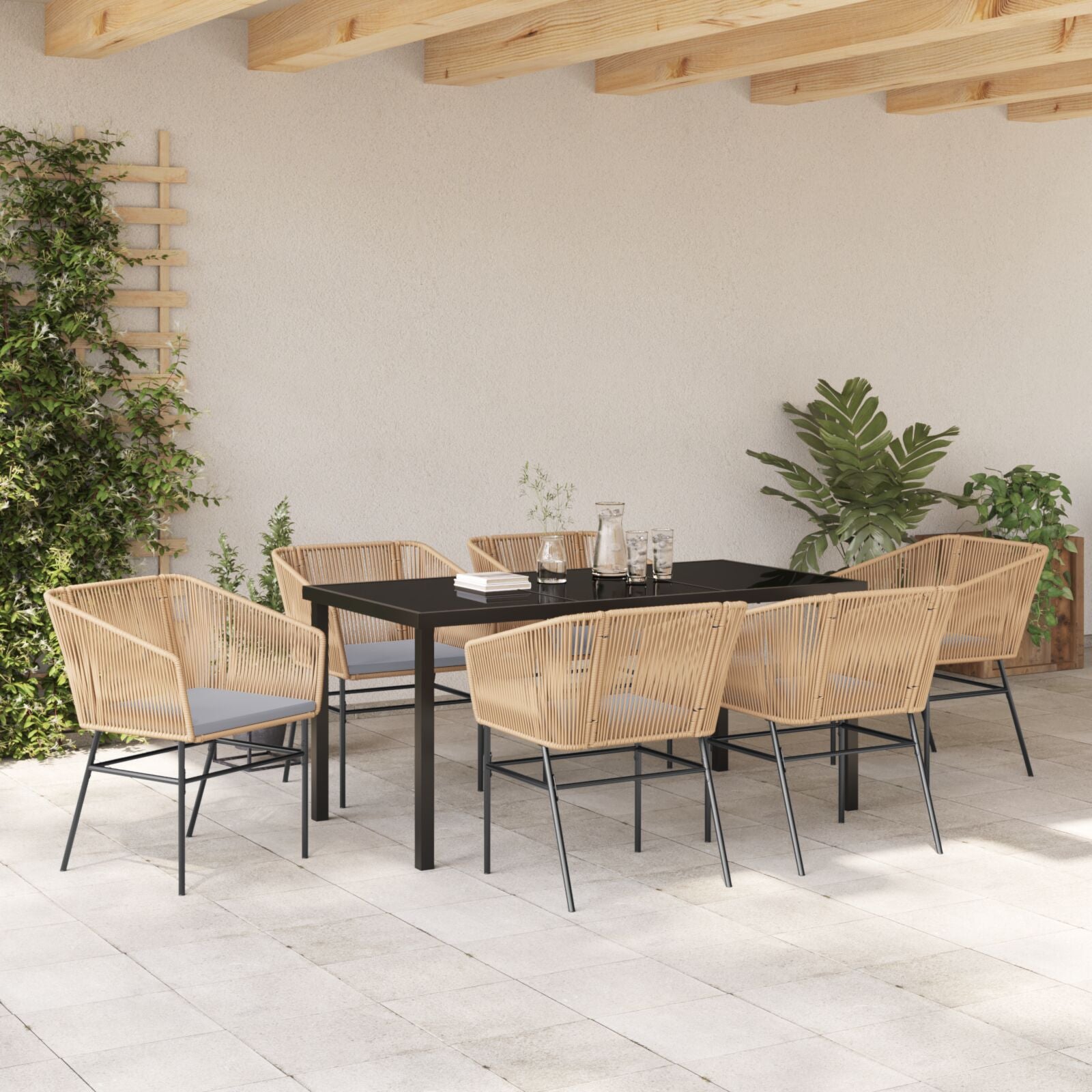 7-Teiliges Garten-Ess-Set Mit Kissen Braun Poly Rattan